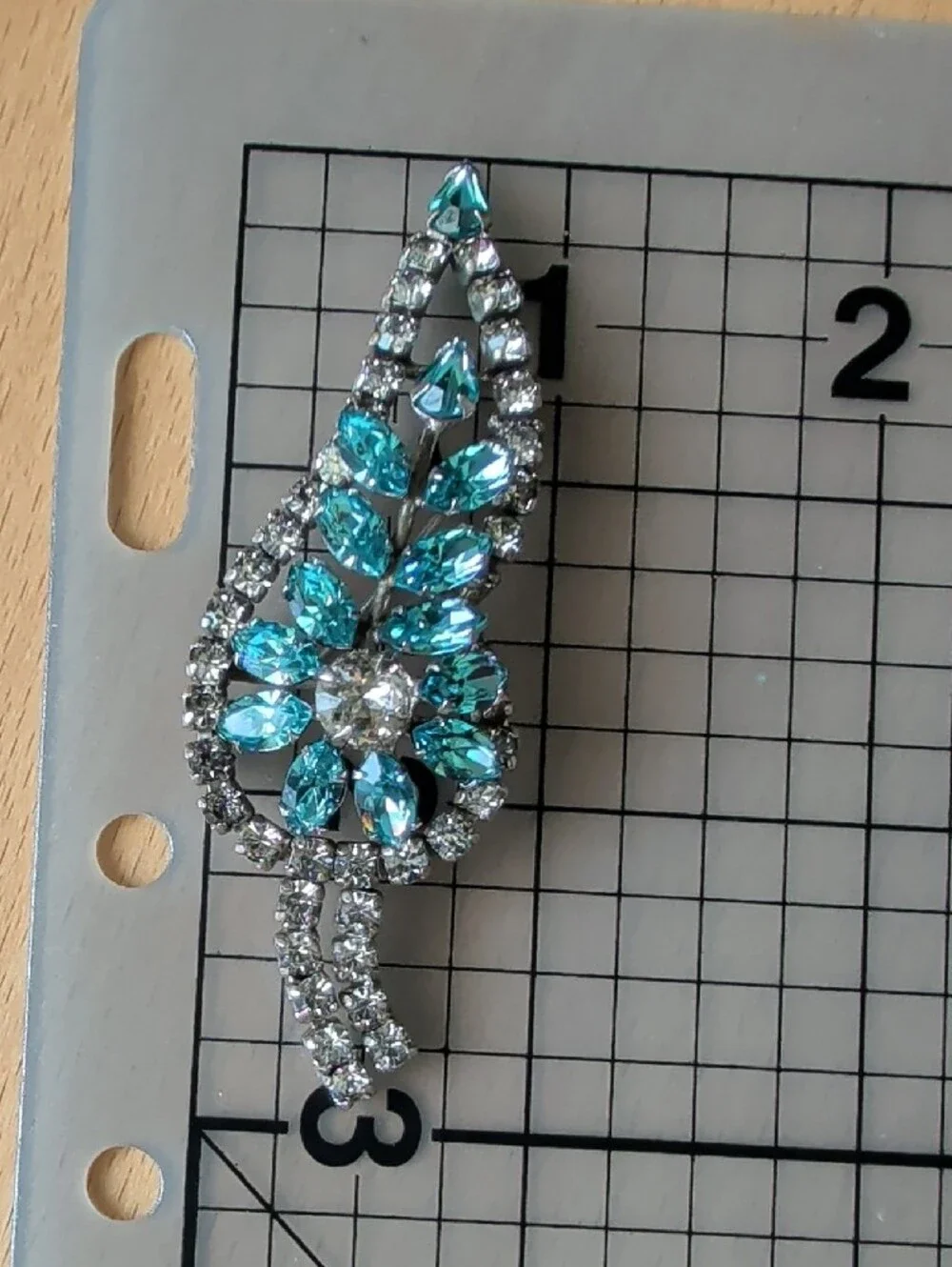 Vintage Blue and Clear Rhinestone Leaf Brooch - Vintage